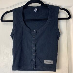 Joshua Perets Ribbed Crop Tank Button Front Black Y2K Fitted XS